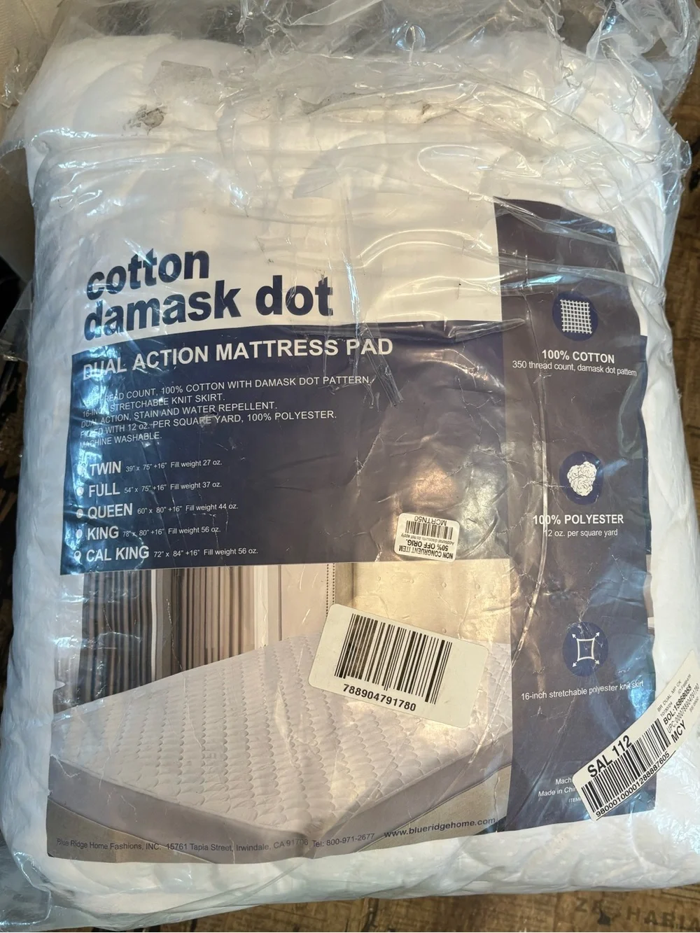 Blue Ridge Cotton Damask Dot Cal King Mattress Pad 350 Thread Count